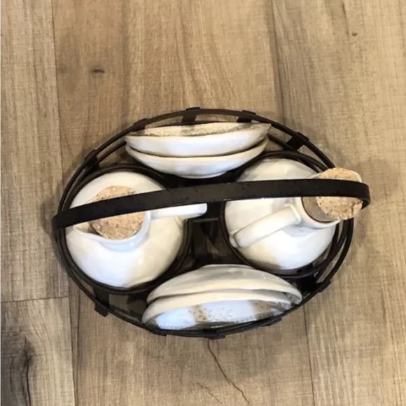 Set of Pottery Barn Oil & Vinegar Cruets, 4 Dipping Plates and Metal Caddy - Picture 10 of 13